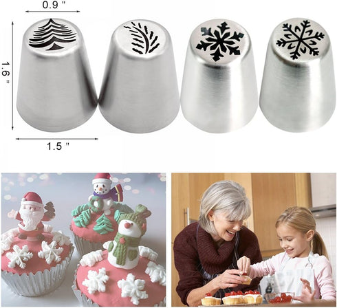 4 PCS Christmas Pastry Icing Piping Nozzles, Stainless Steel Russian Piping Tips Set