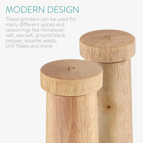Navaris Salt and Pepper Mill Set - Adjustable Rubber Wood Grinders with Ceramic Core