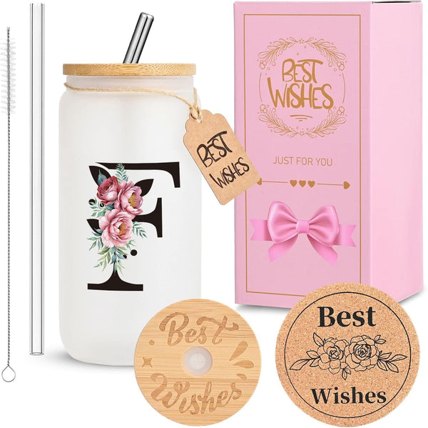 Personalized Initial Glass Cup for Women, 16oz Glass Cup with Lids and