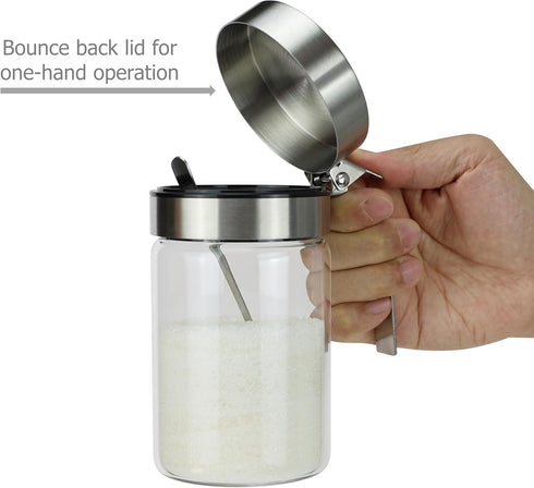 Glass Condiment Jars for Serving & Storing Sugar, Spice, Salt, Seasoning in Home Kitchen, 450ml/14.5oz, Stainless Steel