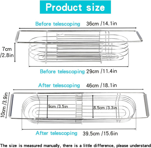 304stainless 14in-18in) YQh Retractable Sink Drain Rack, Steel Expandable Sink Storage Rack, Adjustabl Kitchen Sponge