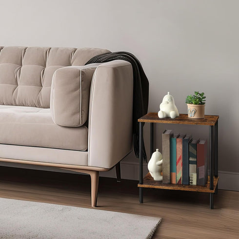 2 Small End Table Tier Wood Metal Rustic Side Table Living Room with Storage Shelf Narrow Bedside Table for Small