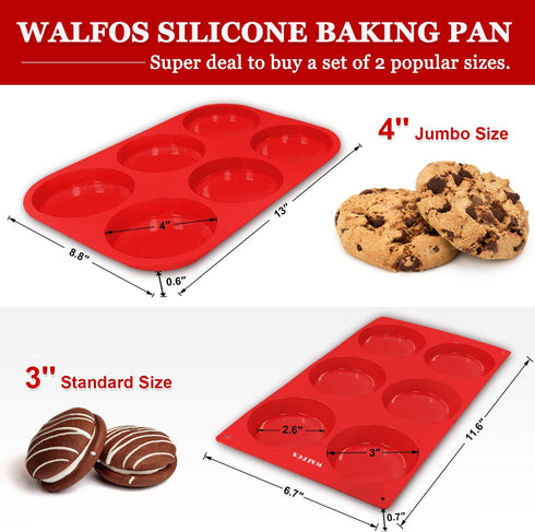 Walfos Silicone Muffin Top Pan Set, Non-Stick Whoopie Pie Baking Pans, Food Grade & BPA Free, Great for Muffin Tops, Whoopie Pies, Egg Muffins, Hamburger Buns and More, Dishwasher Safe, Set of 2 by Walfos