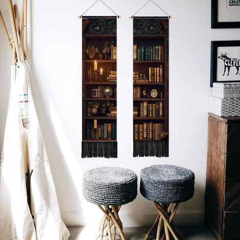 2 Pack 46" 13" PLIGREAT Vintage Bookshelf Tapestry with Tassel Classic Library Wall Tapestry Vertical Wall Hanging