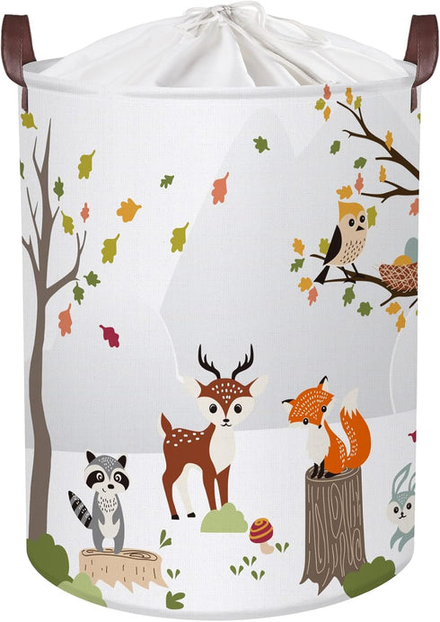 Clastyle 45L Woodland Animals Laundry Basket, Collapsible Waterproof Storage Basket with Handle - 14 * 17.7 in