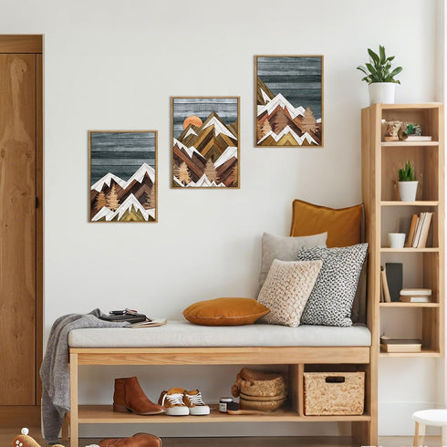 12" Lx16 Set 3 Framed Mountain Wall Art Boho Mountain Wall Decor Modern Nature Artwork W of for Living Room Bedroom