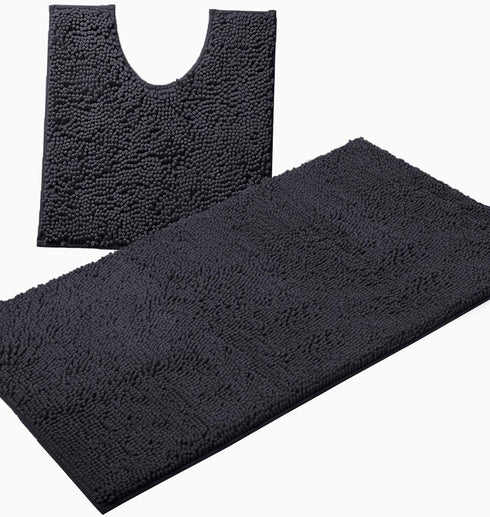 Luxurious 2-Piece Bathroom Rug Set in Charcoal - Chenille Bath Mat + U-Shaped Toilet Mat, Plush Anti-Slip Design