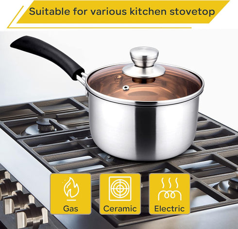 E-far 2 Quart Stainless Steel Saucepan with Lid, Easy Clean & Rust Free, Dishwasher Safe