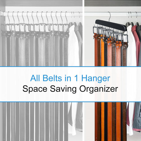 Belt Hanger for Closet, Max 42 Belts, Sturdy Wood Rack with 14 Hooks, Black, 1 Pack