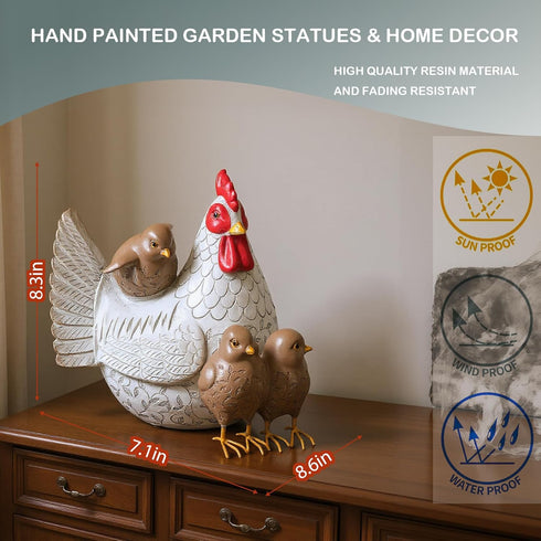 Elenon Sitting Mother Hen and Baby Chick Statue, Resin Farm Animal Decoration, Chicken Sculpture Yard Art Outdoor Lawn