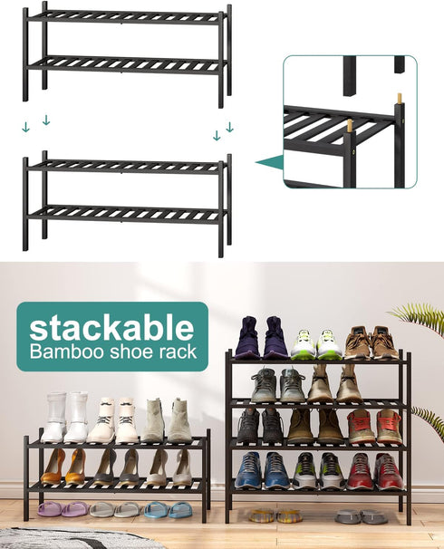 2-Tier Closet, viewcare Black Bamboo Shoe Rack for Entryway, Stackable | Foldable | Natural, Shoe Shelf Storage