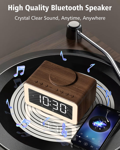 Digital Alarm Clocks for Bedrooms, Bluetooth Speaker, Alarm Clock with Wireless Charging, White/Brown Noise Sound