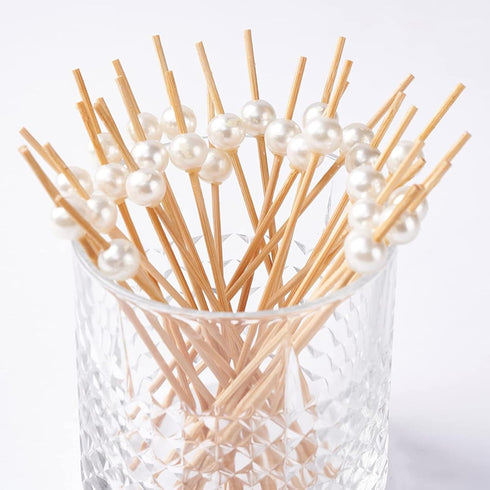 PuTwo 300 Counts Cocktail Toothpicks - Handmade Natural Bamboo Skewers for Appetizers, Fruits, Dessert with White Pearls