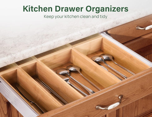 Kootek 8 Pcs Bamboo Drawer Organizer, Versatile Kitchen Storage Box with 4-Size Dividers for Cutlery and Utensils