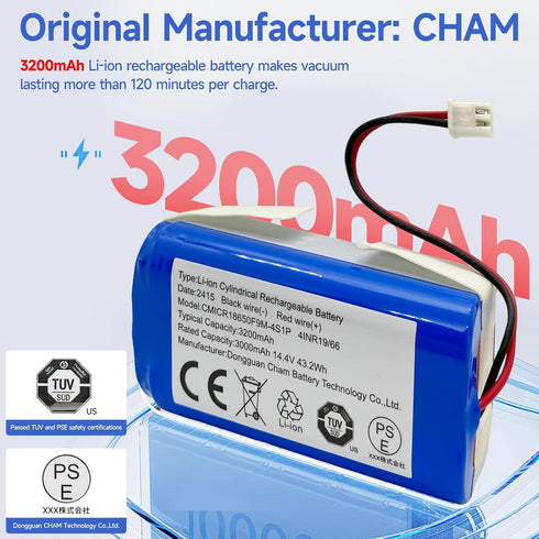 Replacement Shark RVBAT850 Battery for Shark Ion R75, R85, RV850, 3200mAh 14.4v/14.8v (2-Prong connector)