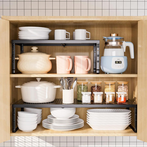 Countertop, (1Pack/Black,Large) Expandable Adjustable Cabinet Shelf Organizer - Stackable Metal Spice Rack for Kitchen