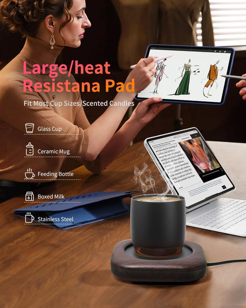 3-Temp Settings 4 Mug Warmer - Coffee Mug Warmer for Desk with Hrs Auto Shut Off, Fastest Heating & Smart Wood Candle