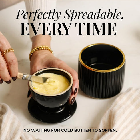 Countertop Counter Butter Crock with Lid for Black and Gold Ceramic French Butter Dish for Soft Butter, Airtight Water