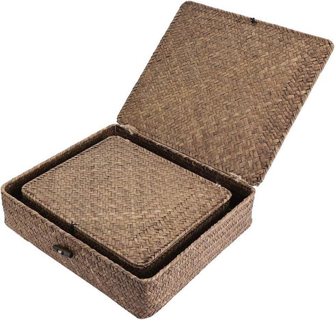 Hipiwe Set of 2 Flat Woven Wicker Storage Bins with Lid, Natural Seagrass Basket, Multipurpose Home Boxes for Shelf
