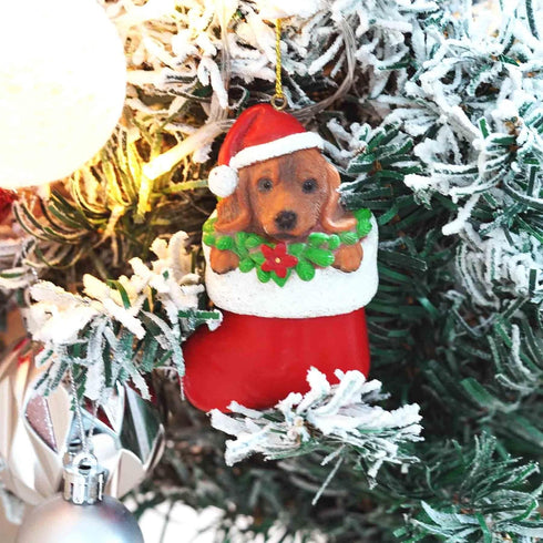 Cici & Jimmy 3.5 Dachshund Christmas Ornament with Gold Hanging String Cute Wiener Dog in Stocking Figurine for Tree