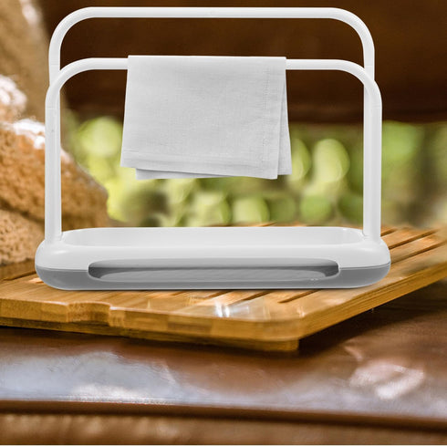 Towel Rack Stand with Drain Spout, Quick-Drying Kitchen Storage for Sponges, Dishcloths, Compact Design for Countertop