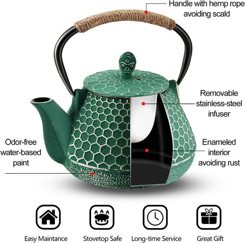 Cast Iron Tea Pot - Honeycomb Pattern Tea Kettle with Tea Leaf Infuser,Stovetop Tea Kettle Coated with Enameled