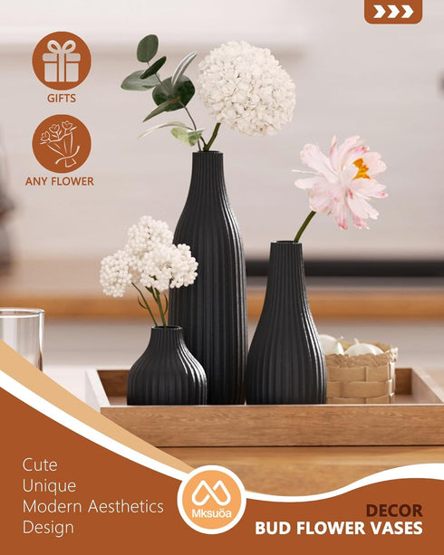 Mksuuoa Set 3 Decorative Flower Vase of - Modern Boho Style Black Vases, Ribbed Textures Ceramic Vase for Home Decor