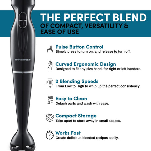 Elite Gourmet EHB3201 Immersion Hand Blender 300 Watts 2 Speed Mixing with Detachable Blades, Detachable Wand Stick Mixer, Smoothies, Baby Food, Soup, Charcoal Black by Elite Gourmet
