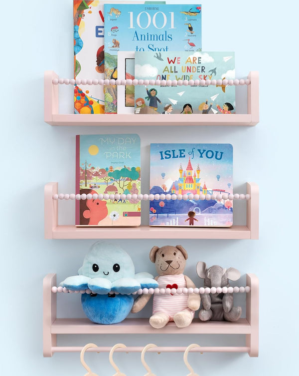 Maxpeuvon Nursery Book Shelves, Set of 3 Kids Bookshelves Natural Wood Wall