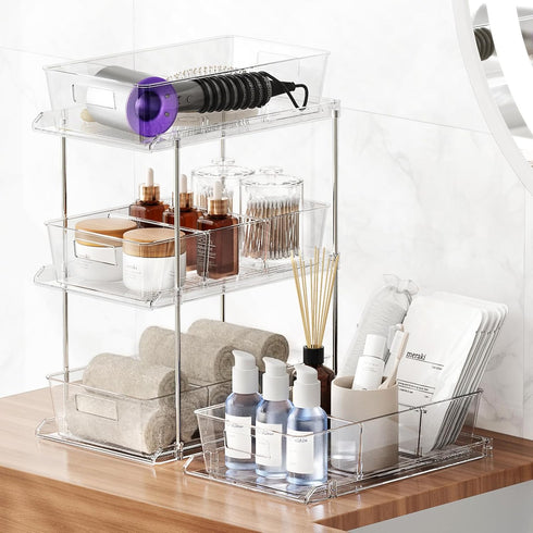 Pull-out Home Organizer, 2 Pack 2 Tier Clear Bathroom Organizer with Dividers, Multipurpose Vanity Counter Tray