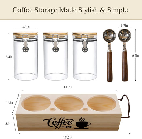 Set 3 Glass Coffee Canister with Shelf & Spoons - Piece Airtight Seal Coffee Bean Storage Containers & Filter Holder
