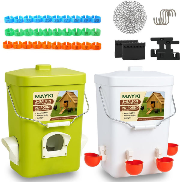 MAYKI Chicken Feeder and Waterer Set, 3 Gallon/26 LB No Waste Poultry