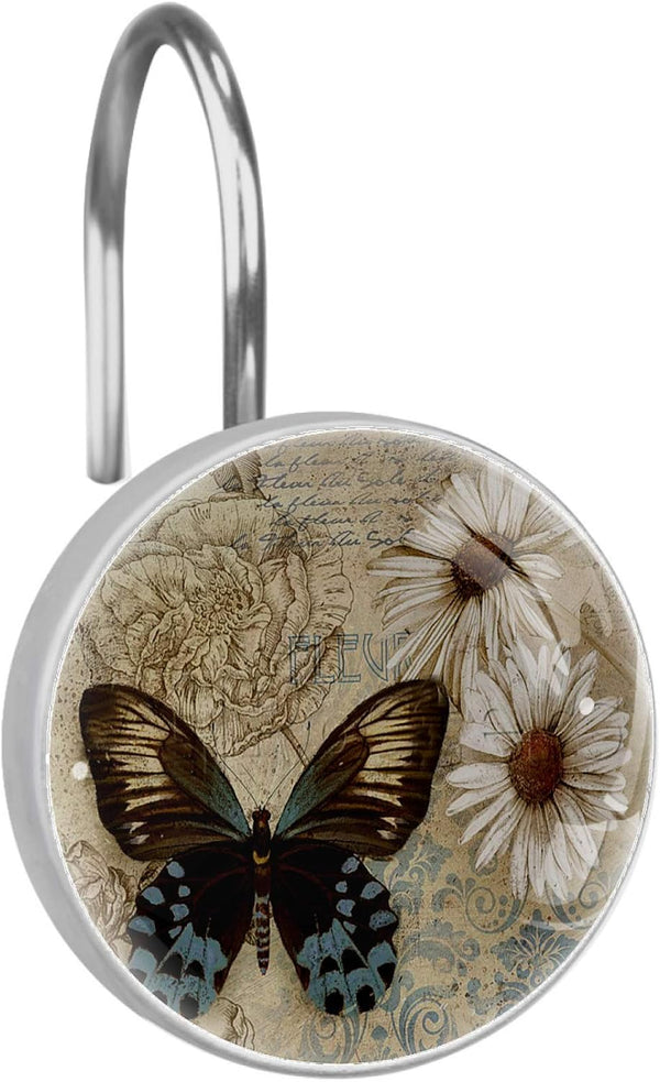 Vintage Butterfly Daisy Flower Shower Curtain Hooks - Stainless Steel Shower Curtain Rings Set of 12 Multicolor