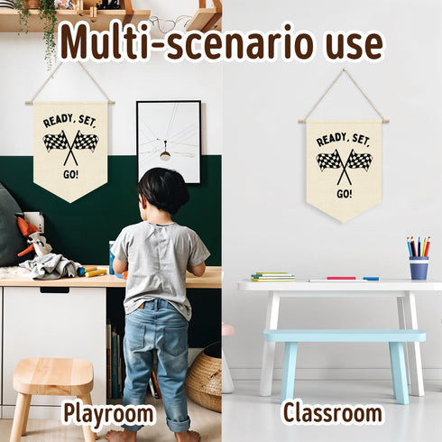 Dilemat Set Race Car Room Decor for Boys Linen Pennant Banner - Ready Go Racing Pennant Flag Banner Wall Hanging Decor
