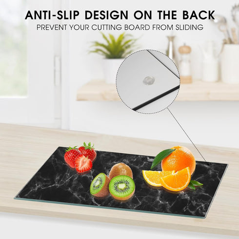 Tempered Glass Cutting Board for Kitchen, 16"x12" Black Marble Pattern, Heat Resistant, Dishwasher Safe