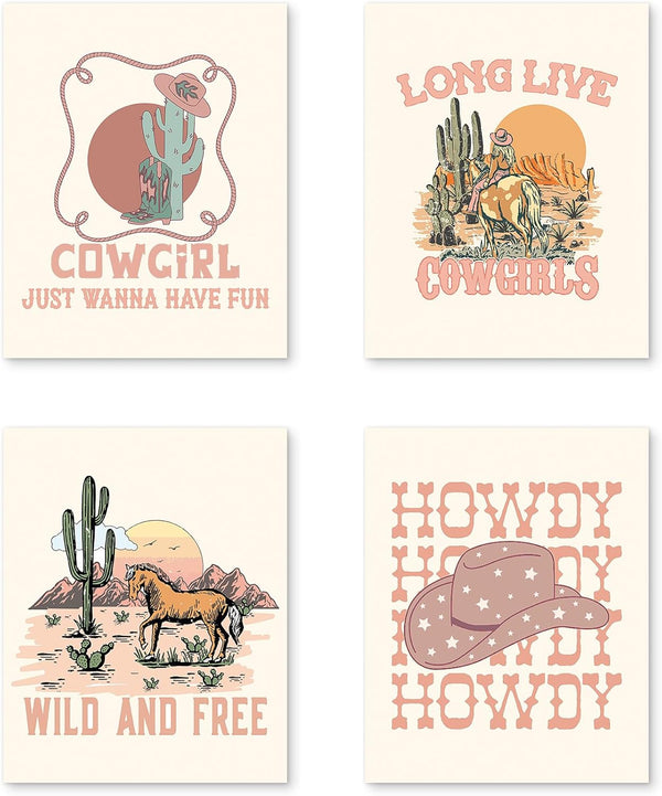 PUHEI Retro Western Howdy Cowgirl Wall Art Prints Set of 4,Nursery Decor Girl,