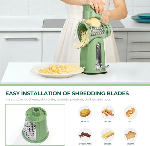 SUSTEAS Rotary Cheese Grater with Handle, Vegetable Shredder with 5 Blades & Strong Suction Base, Retro Green