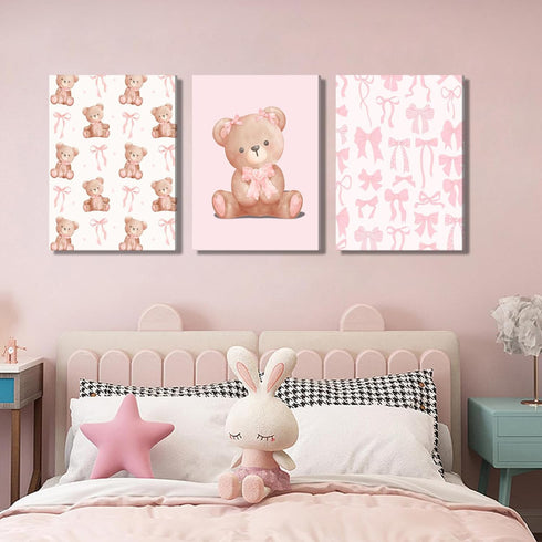 3Pcs Pink Teddy Bear Canvas Wall Art Coquette Bow Wall Decor Pictures Cute Animal Nursery Posters Prints for Baby Girls