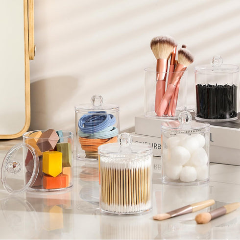 2 Pack Acrylic Qtip Holder Dispenser - Clear Plastic Canister for Cotton Swabs, Balls, Pads, Floss Picks, Bathroom Decor