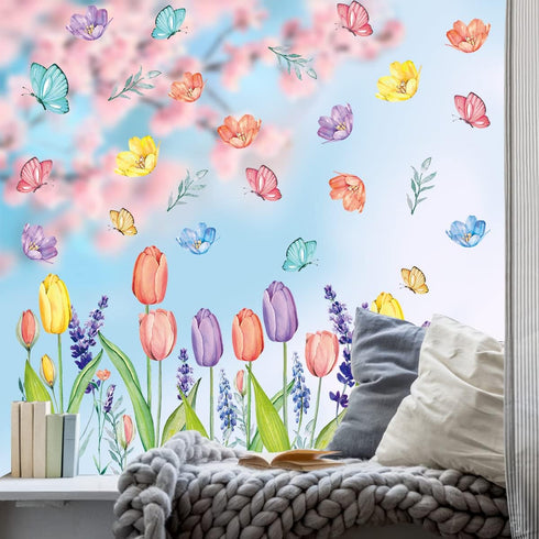 Horaldaily 67 PCS Spring Summer Window Cling Sticker, Tulip Butterfly Flower Decal for Home Party Decoration