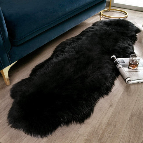 Ashler Faux Fur Rug, Black Area Rugs, Fluffy Sheepskin Fur Rug, 2 x 6 Ft, Machine Washable Shag Rug