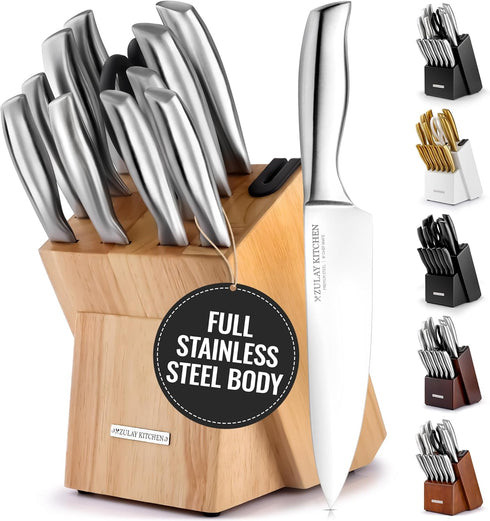 Zulay Premium Quality 12-Piece Knife Set with Natural Wood Block, Ultra Sharp Stainless Steel Knives with Sharpener