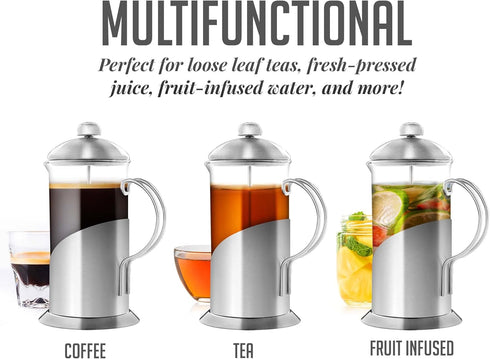 OVENTE 20 Ounce French Press Coffee Maker, Tea Infuser, 4 Level Stainless Steel Filter, Borosilicate Glass