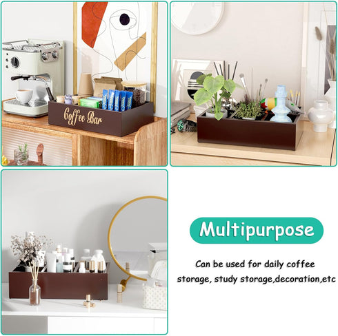 Coffee Station Organizer for Countertop - Wooden Coffee Bar with Removable Dividers, Farmhouse Coffee Pod Holder Basket