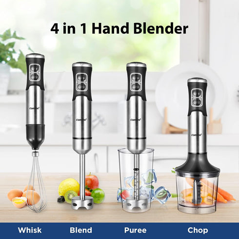 COMFEE' Immersion Hand Blender – Brushed Stainless Steel, 500 Watts, with Beaker, Chopper, Whisk for Smoothies and