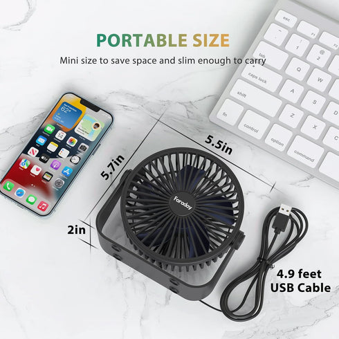 FARADAY USB Desk Fans, 5 Inches Portable Table Fans with 360° Head Rotation for Home Office, 3 Speeds, Black