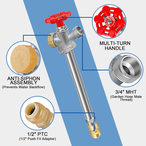 12inch 1/2" 3/4 Inch Boltigen Anti-Siphon Frost Free Sillcock, No Lead Brass Frost Proof Outdoor Faucet Bib
