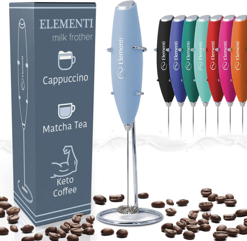Elementi Milk Frother Wand & Matcha Mixer - Mini Electric Whisk for Coffee, Handheld Frother, Light Blue