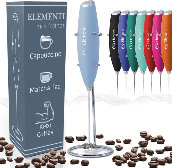 Elementi Milk Frother Wand & Matcha Mixer - Mini Electric Whisk for Coffee, Handheld Frother, Light Blue