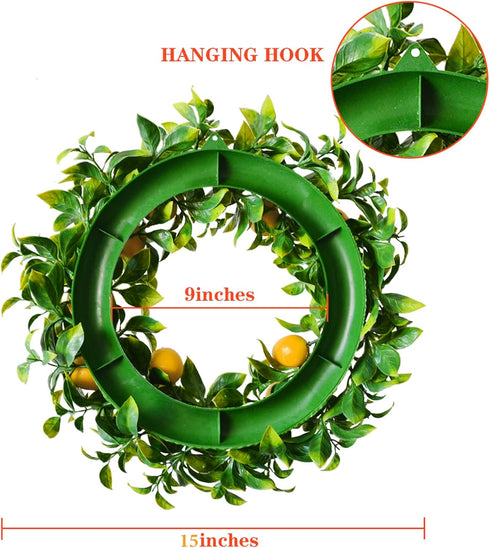 Mr. Bom 15 Inch Artificial Lemon Wreath - Boxwood for Front Door, Spring Summer Holiday Decoration, Indoor Outdoor Use